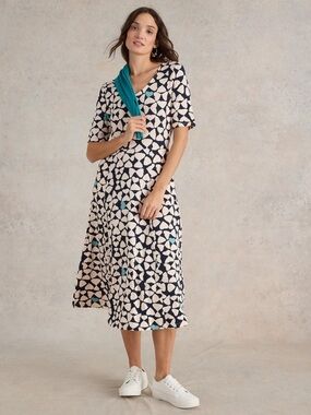 WHITE STUFF / Madeline V-Neck Geometric Print Midi Jersey Dress - Sz M
